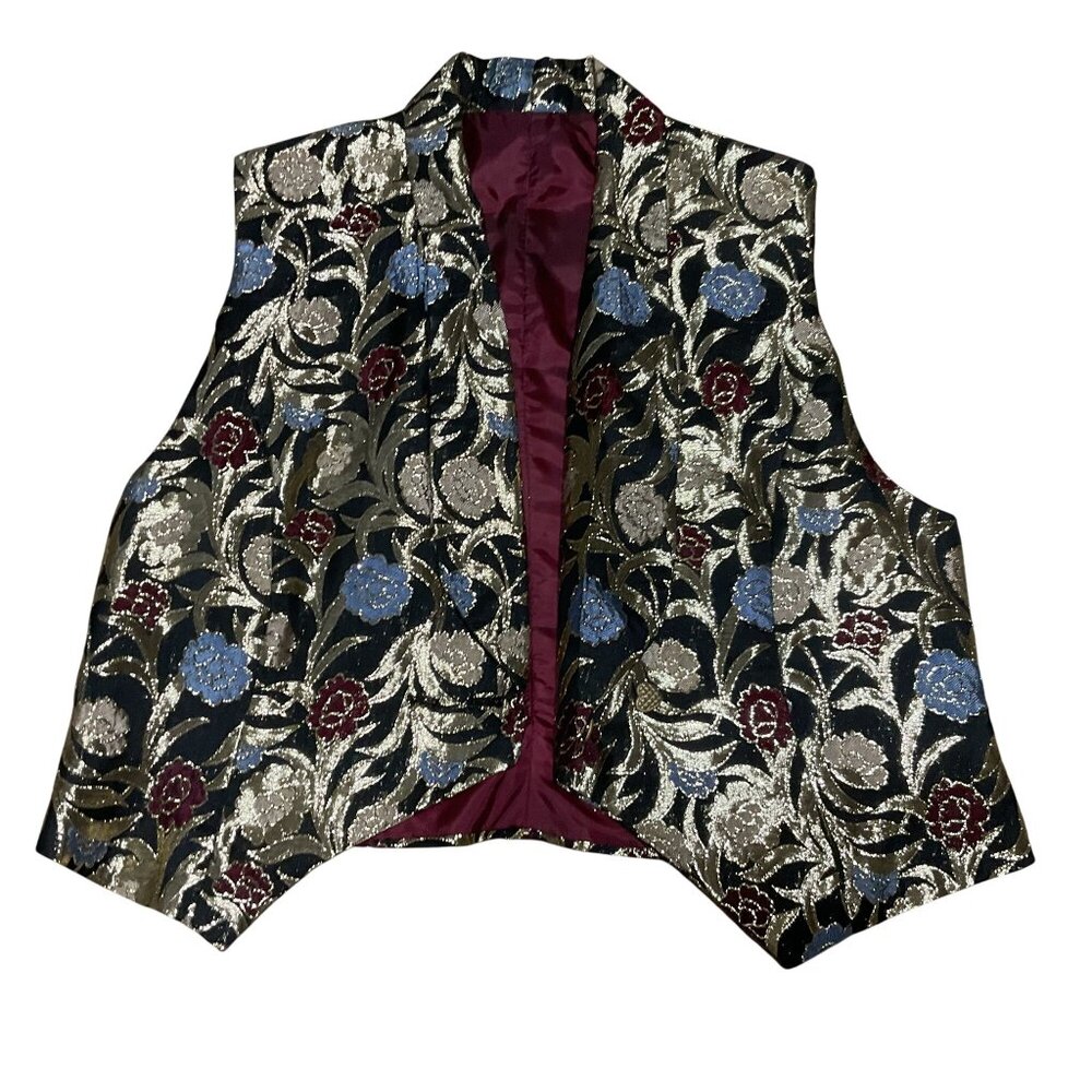 Handmade Floral Brocade Open Front Vest Sz M With Burgundy Lining